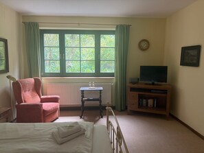 Une chambre d’hôtel avec un lit, une chaise, une table avec une lampe, un téléviseur et une fenêtre avec des rideaux.