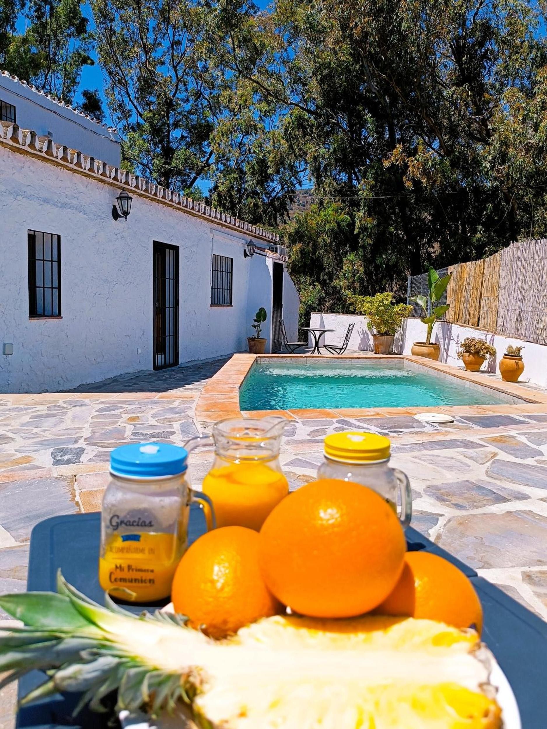 Zona de piscina con un edificio blanco, una mesa con fruta y bebidas, y vistas a árboles y colinas.