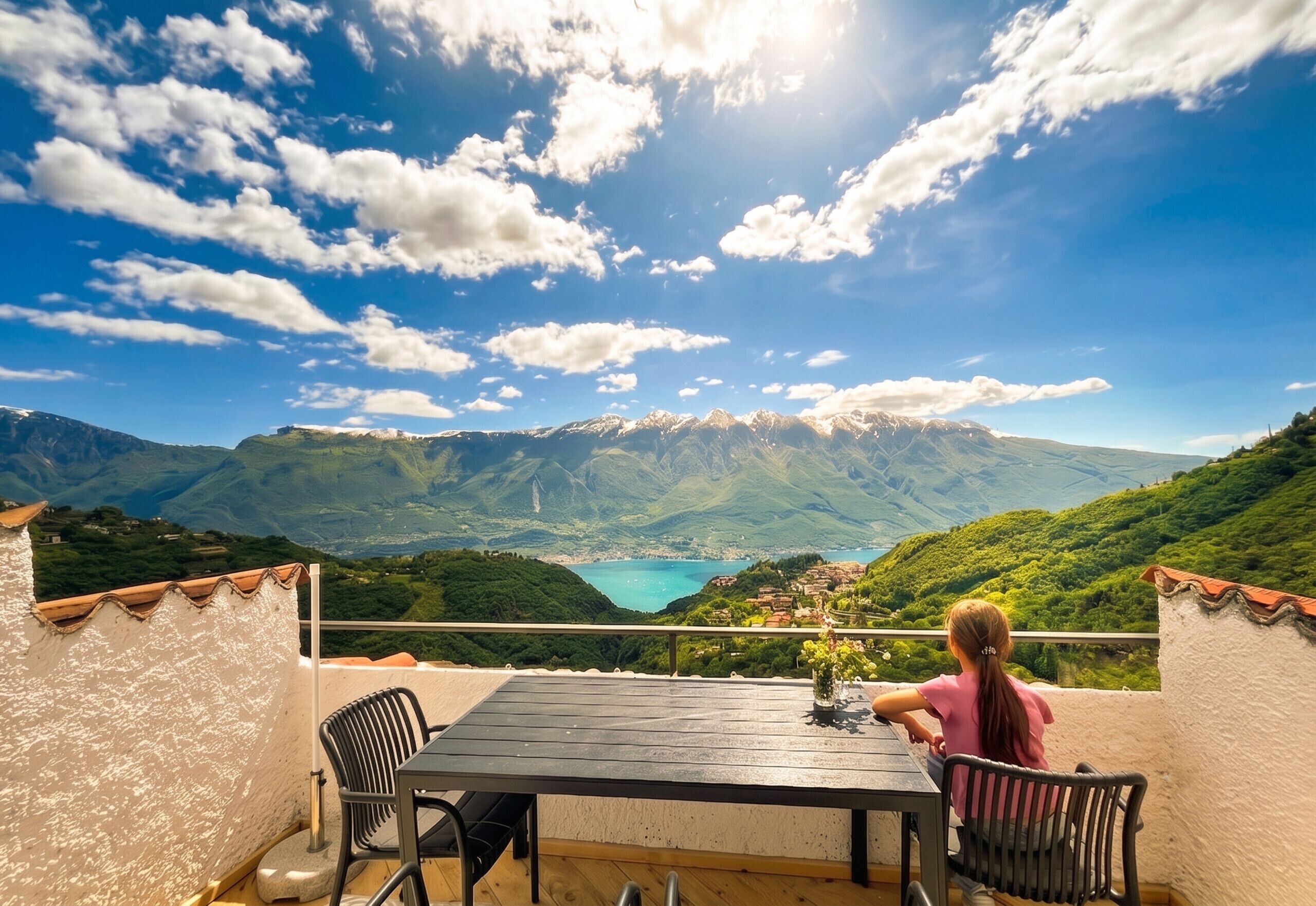 Un balcon avec une table et des chaises donnant sur un paysage montagneux avec un lac.