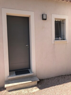 A door with a metal handle, a small window with a metal grill, and a concrete step leading to the door.