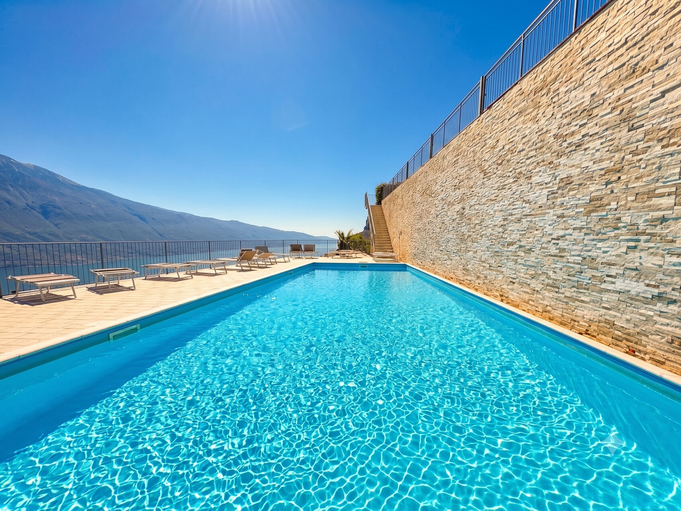 A swimming pool with a stone wall and a view of the sea.