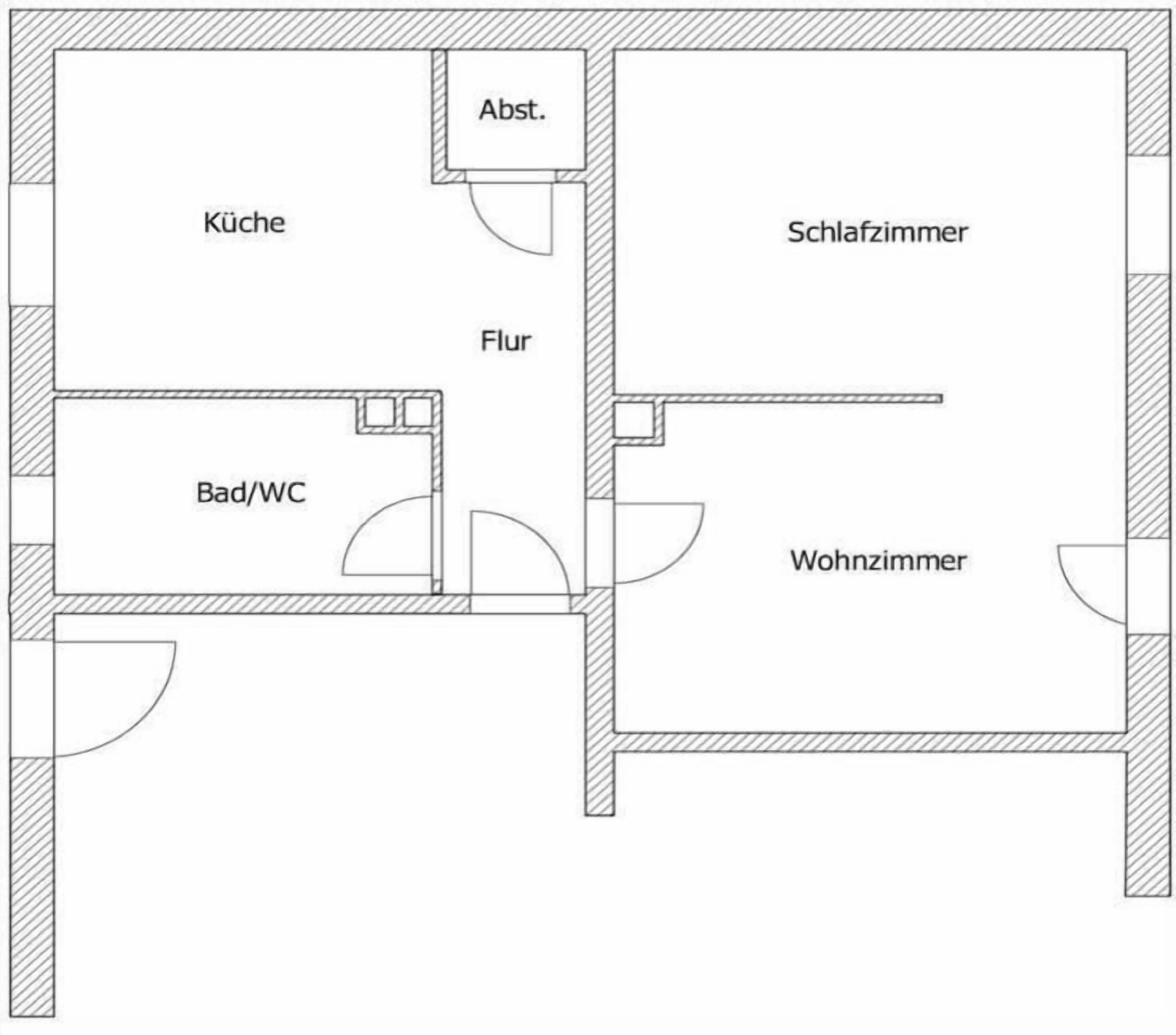 A floor plan with a kitchen, bathroom, living room, and bedroom.