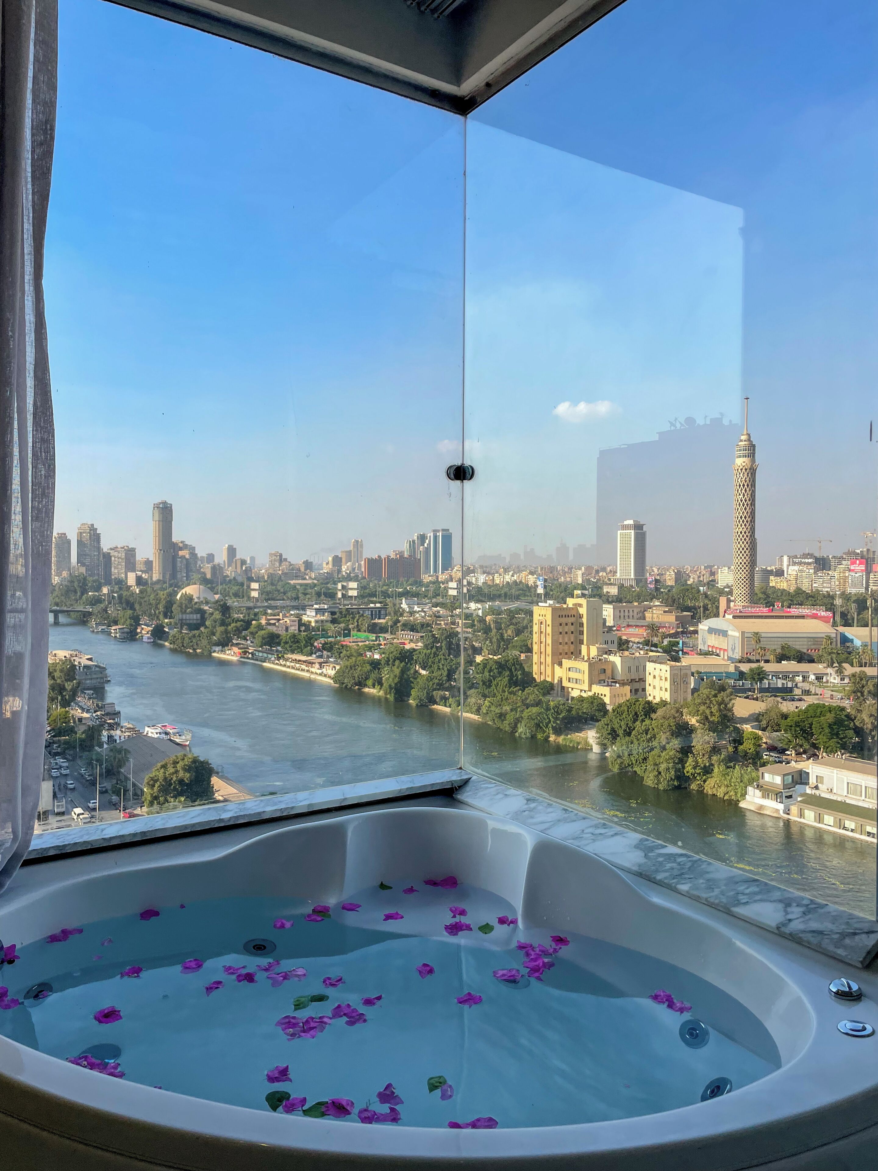 A room with a large window overlooking a cityscape, a bathtub filled with water and rose petals, and a clear view of a river and buildings.