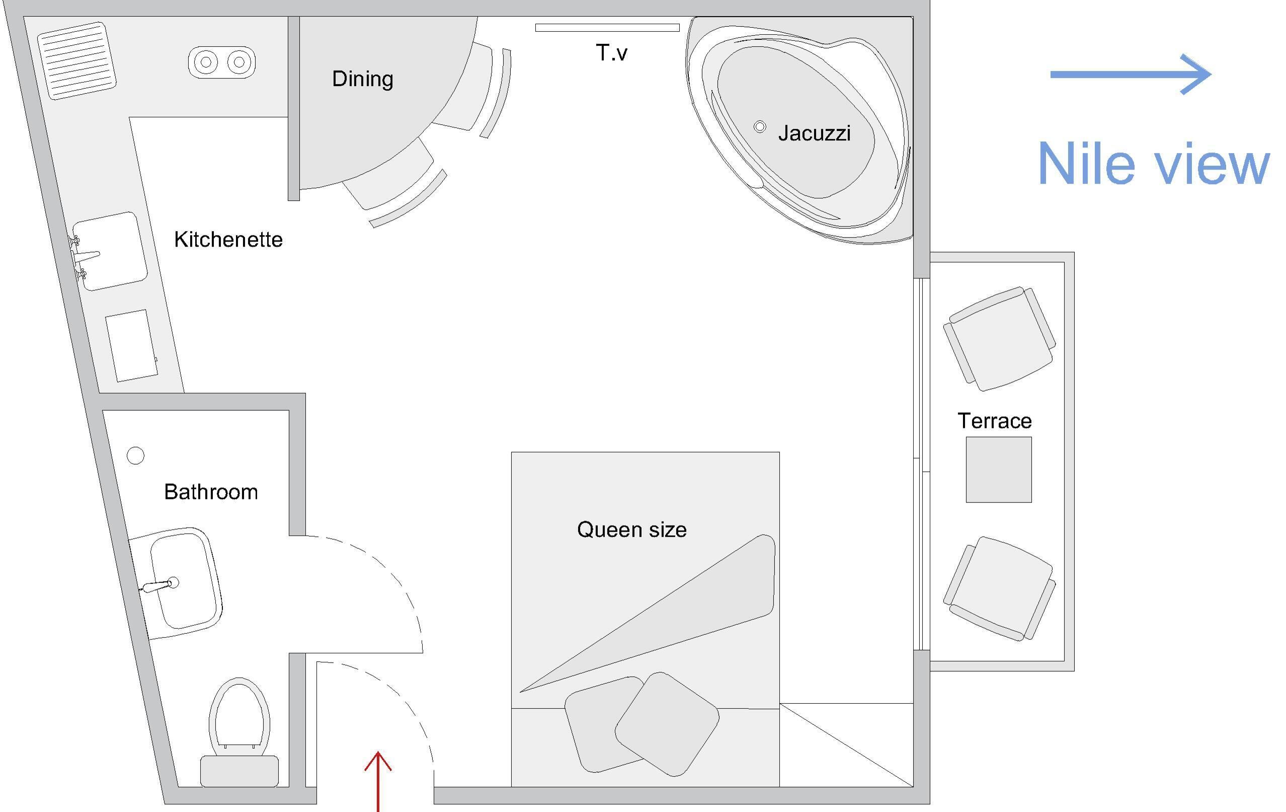 En planritning över ett hotellrum med matplats, pentry, badrum, jacuzzi, terrass och en säng i storlek "queen size".