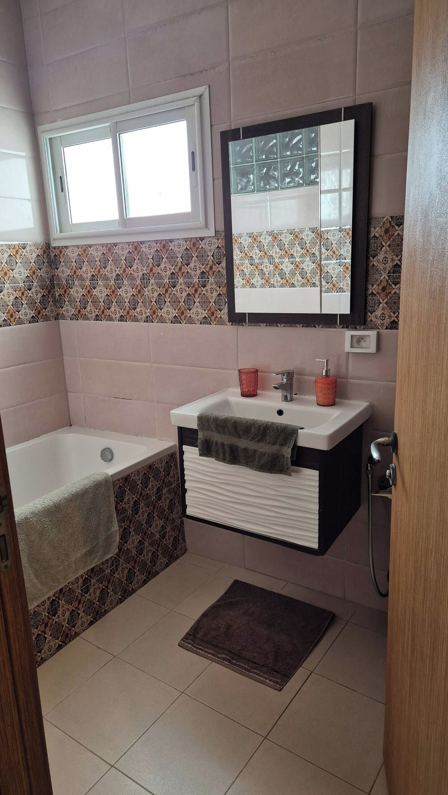 Hair dryer, towels, soap, toilet paper