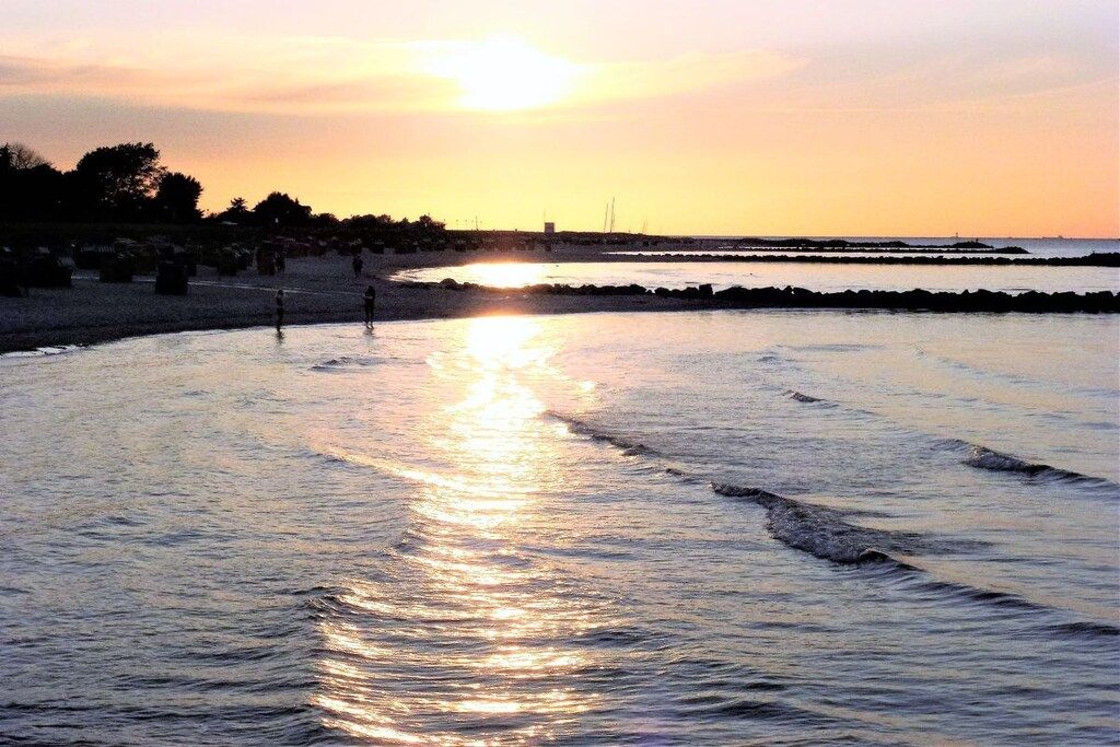 Eine Strandansicht mit ruhigem Wasser, das Sonnenlicht reflektiert, einem klaren Himmel und Gebäuden in der Ferne.