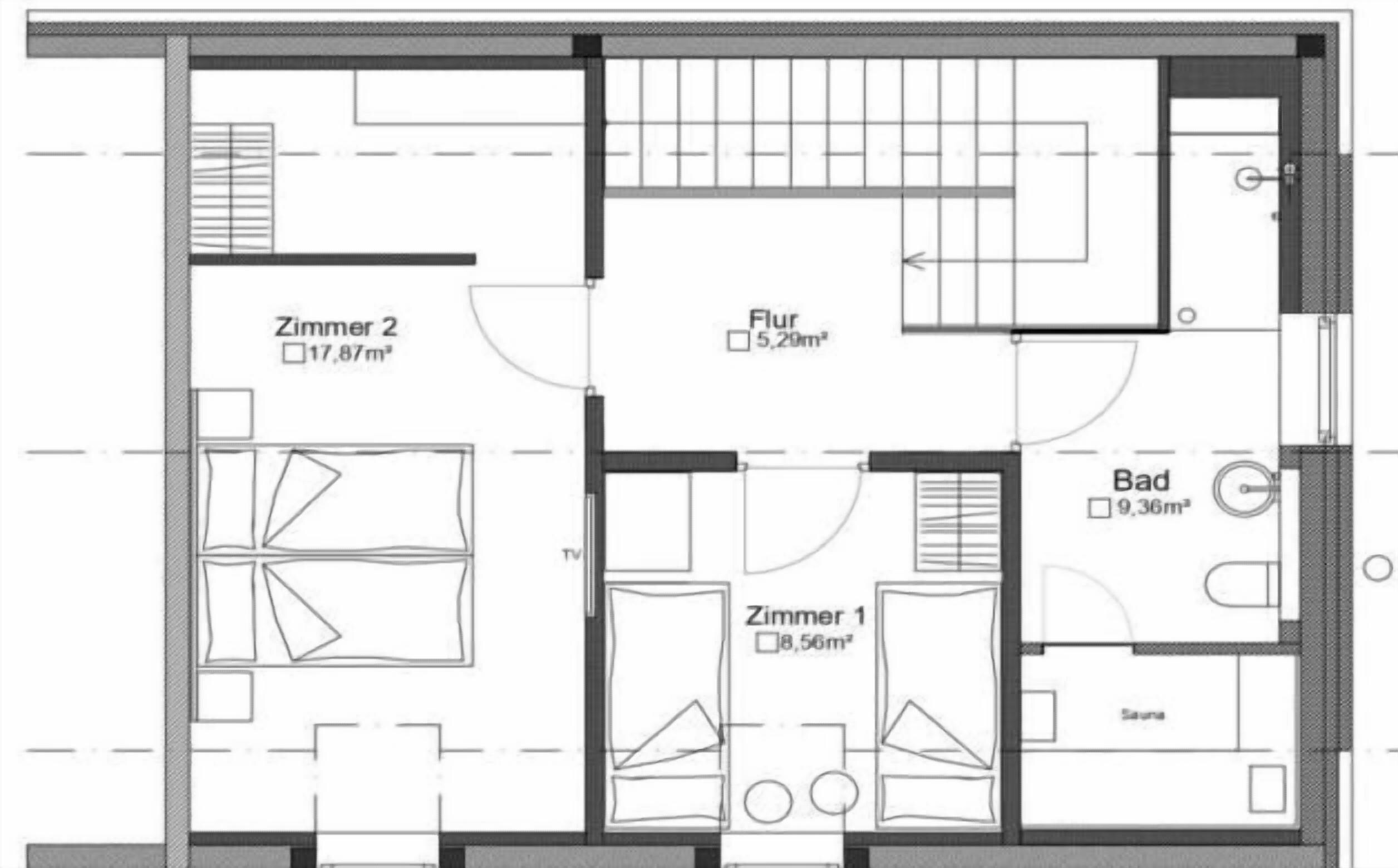 Un plan d’étage comprenant deux chambres, une salle de bain, un espace de vie et un balcon.