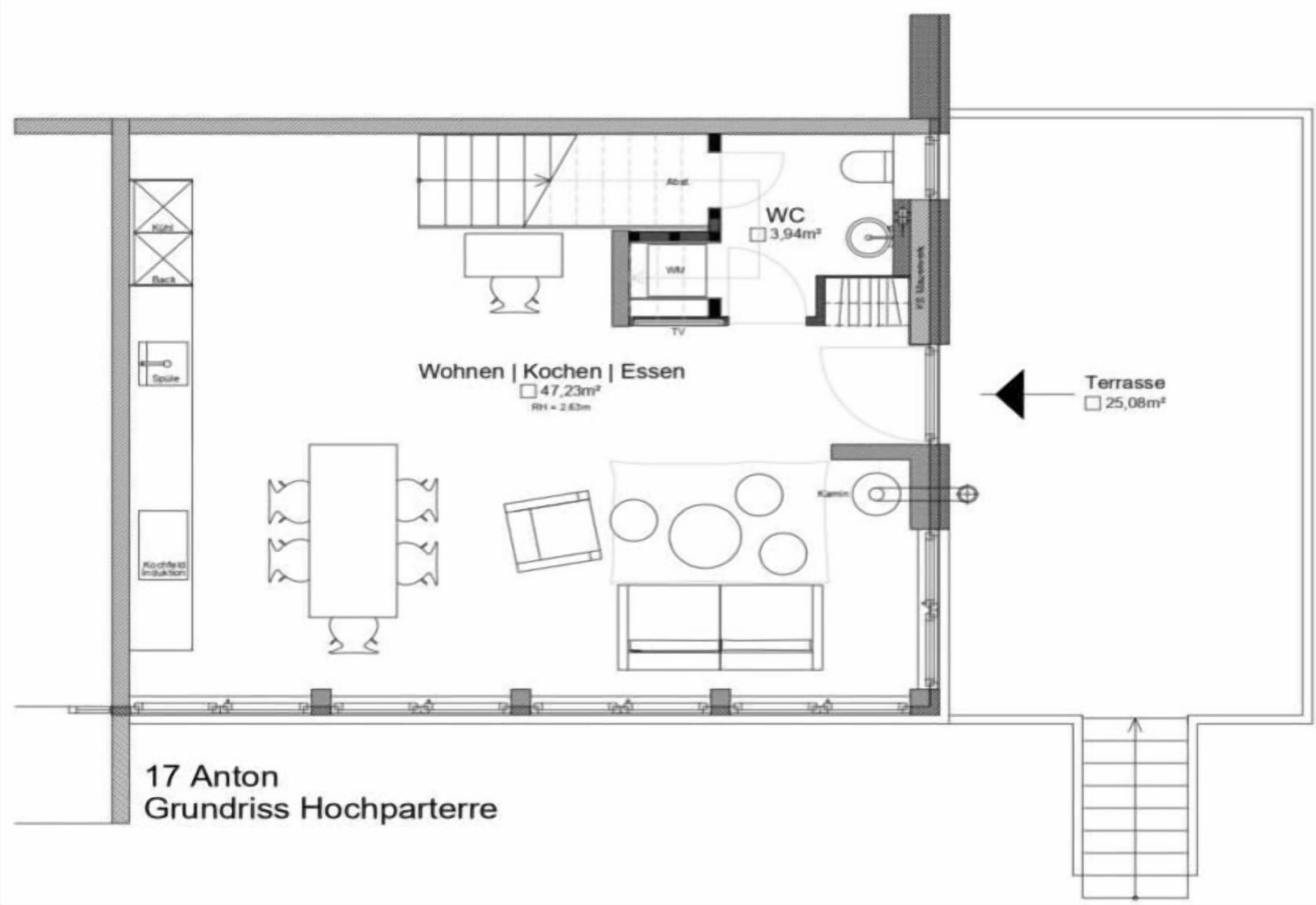 A floor plan of a hotel room with a living area, kitchen, and bathroom.