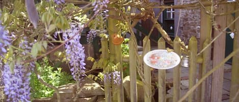 A garden with a wooden fence, a hanging planter, and a sign with text.