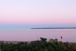 A calm body of water with a distant landmass, a red buoy, and vegetation in the foreground. - Holiday home De lütte Ruhestuuv (Waabs)