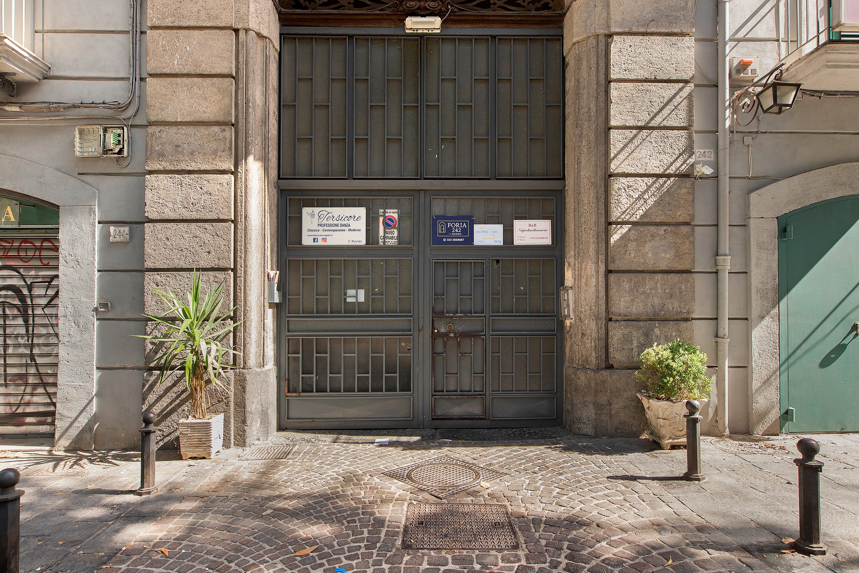 A building entrance with a double door, a sign for a dance profession, and a no parking sign.