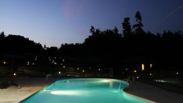 A swimming pool at dusk with surrounding trees and a fence.