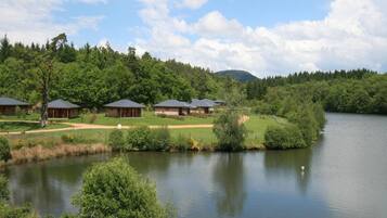 A lakeside lodge with multiple cabins, surrounded by lush greenery and a calm lake.