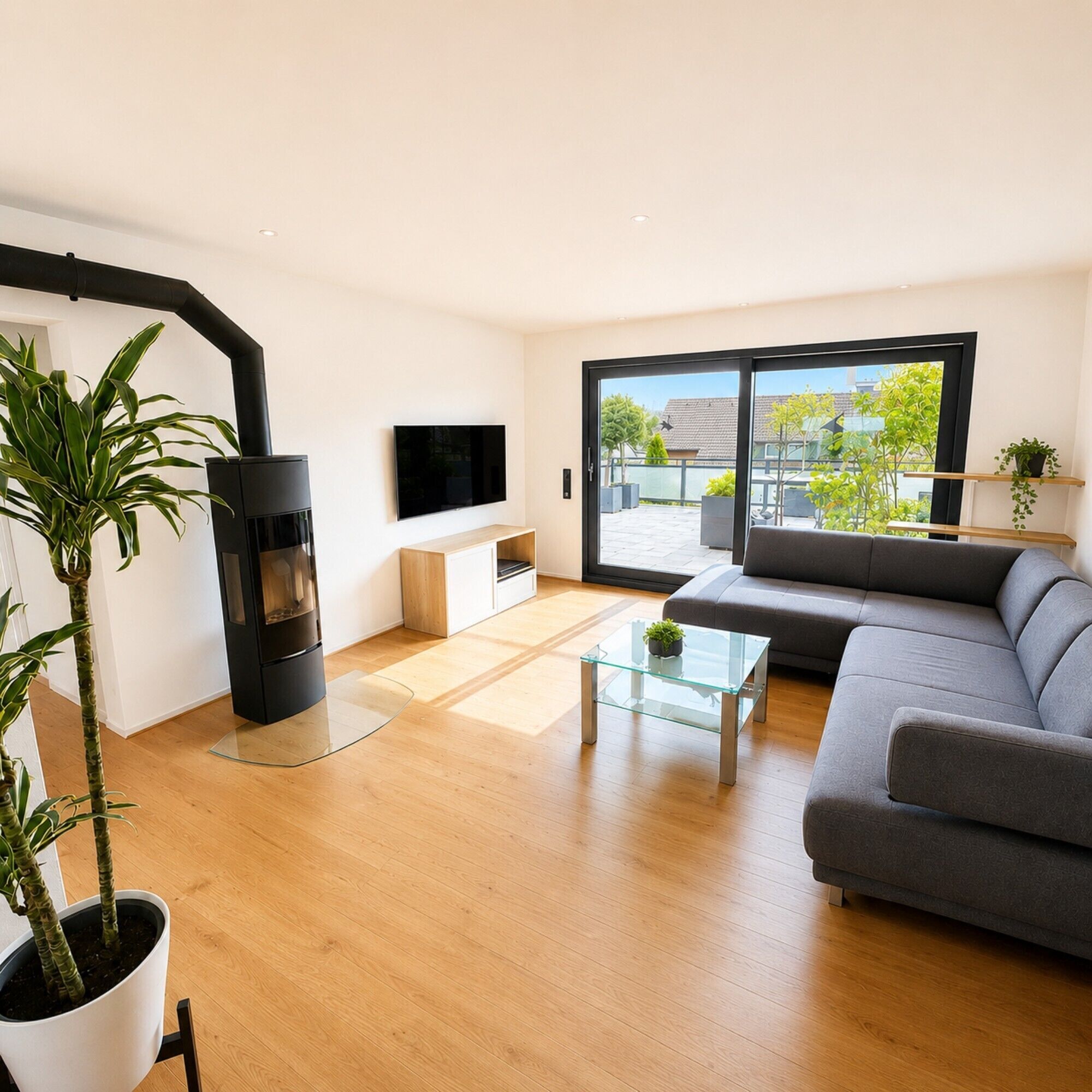 A modern living room with a sofa, a glass coffee table, a flat-screen TV, a fireplace, and a view through large sliding doors to an outdoor area.