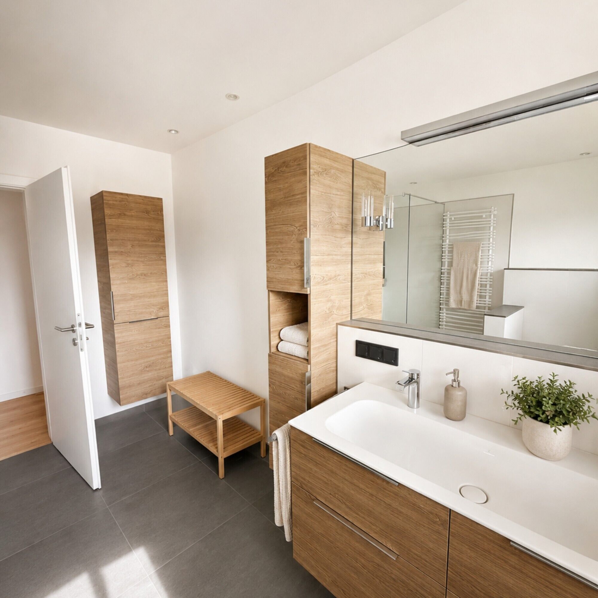 A modern bathroom with a large mirror, a white sink, wooden cabinets, and a small wooden stool.