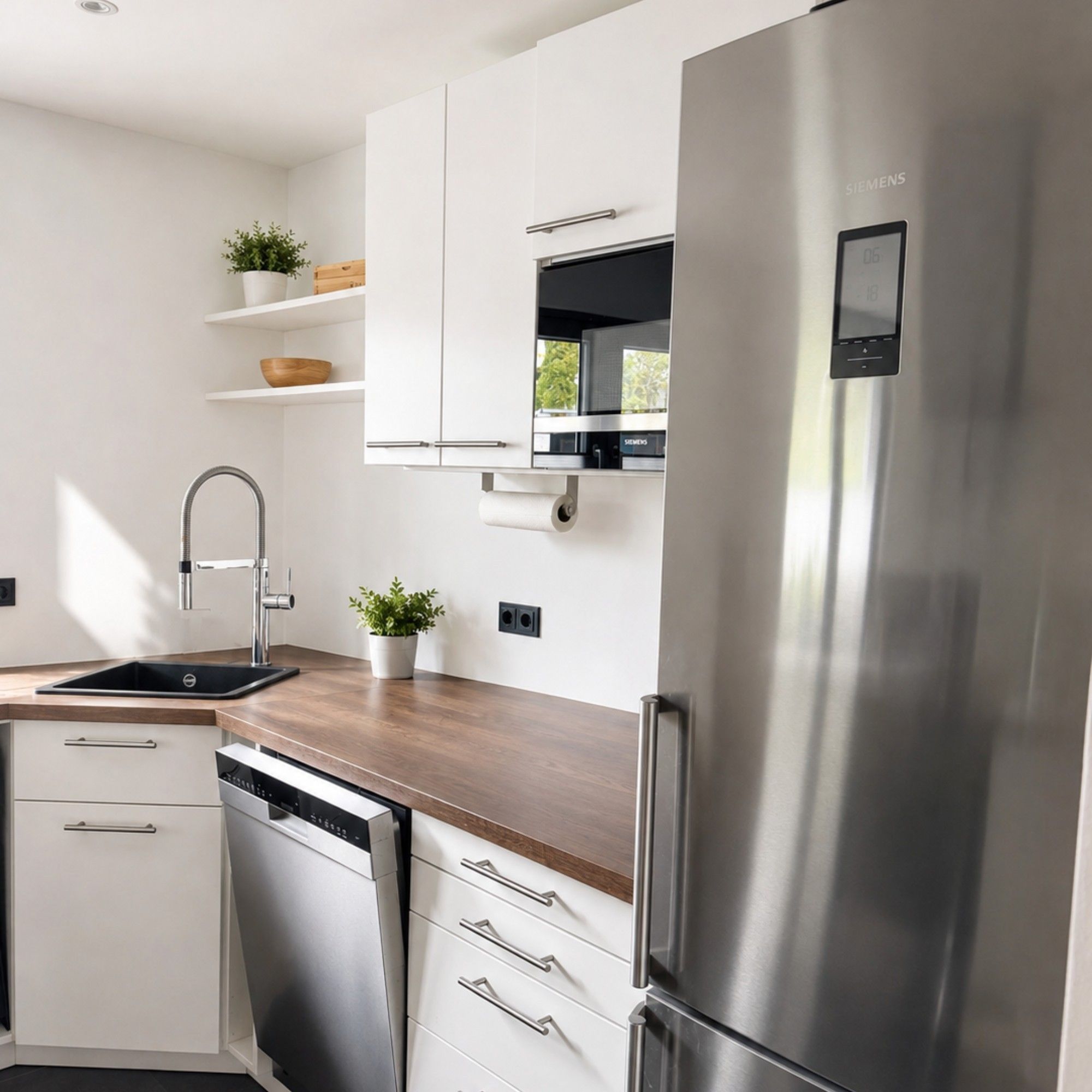 A modern kitchen with stainless steel appliances, white cabinetry, and a wooden countertop.