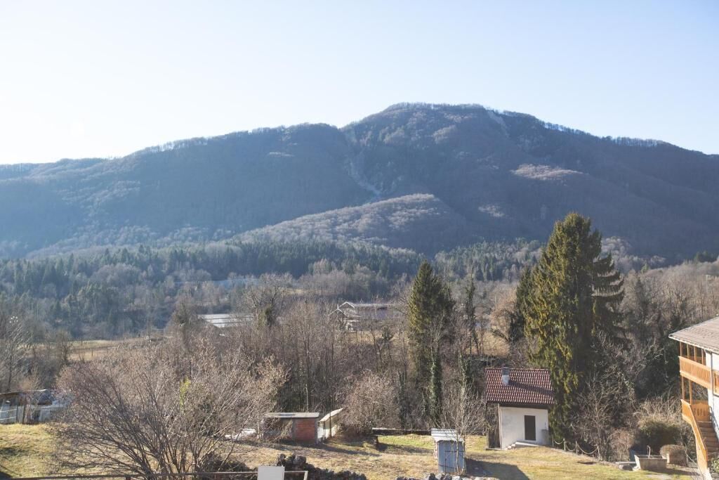 Paisaje rural con una montaña al fondo, un pequeño edificio con techo rojo y un árbol alto en primer plano.