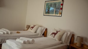 Two twin beds with white linens and decorative pillows, a framed picture on the wall, and a bedside table with a lamp. - Bike & Bikers Hotel (Ampezzo)