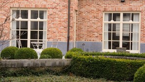 Ein Backsteinhaus mit zwei großen Fenstern, ein kleiner Garten mit Hecken und eine an der Wand angelehnte Leiter.