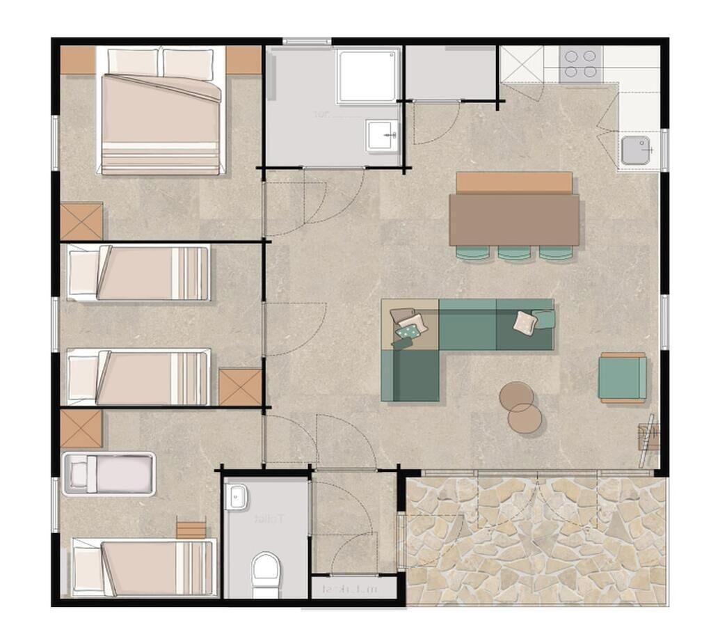 A hotel room layout with a bed, seating area, kitchenette, and bathroom.