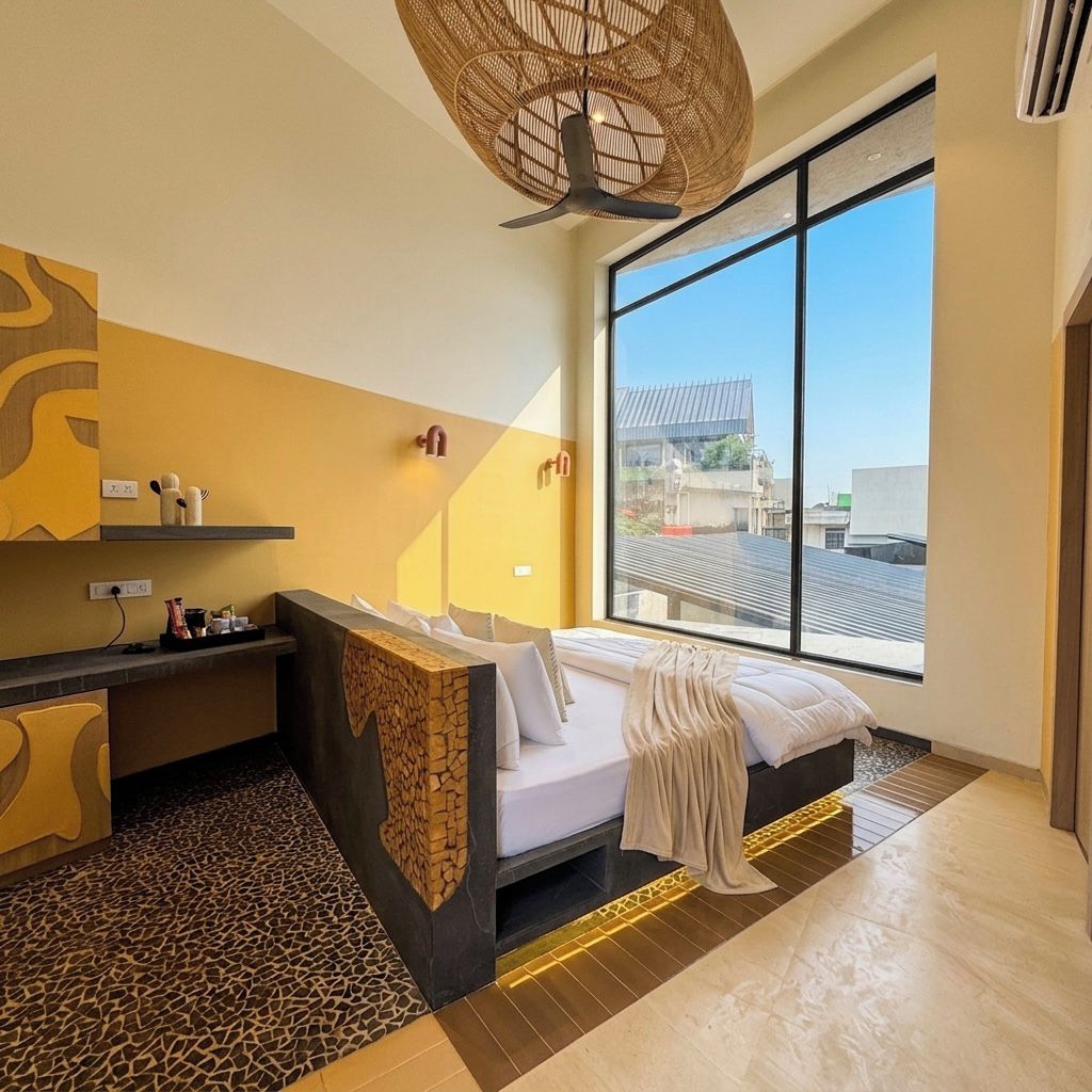 Ein modernes Hotelzimmer mit großem Fenster, einem Bett, einem Schreibtisch und einem außergewöhnlichen Deckenventilator.