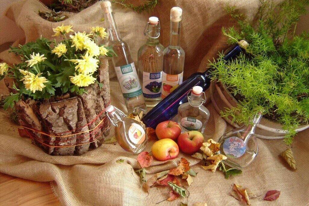 A rustic setting with a burlap cloth, a potted plant with yellow flowers, bottles of alcohol, apples, and dried leaves.