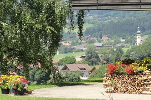 A rural landscape with houses, a church tower, and a wooden fence with flowers. - Country House Bonaventura (Millstatt)
