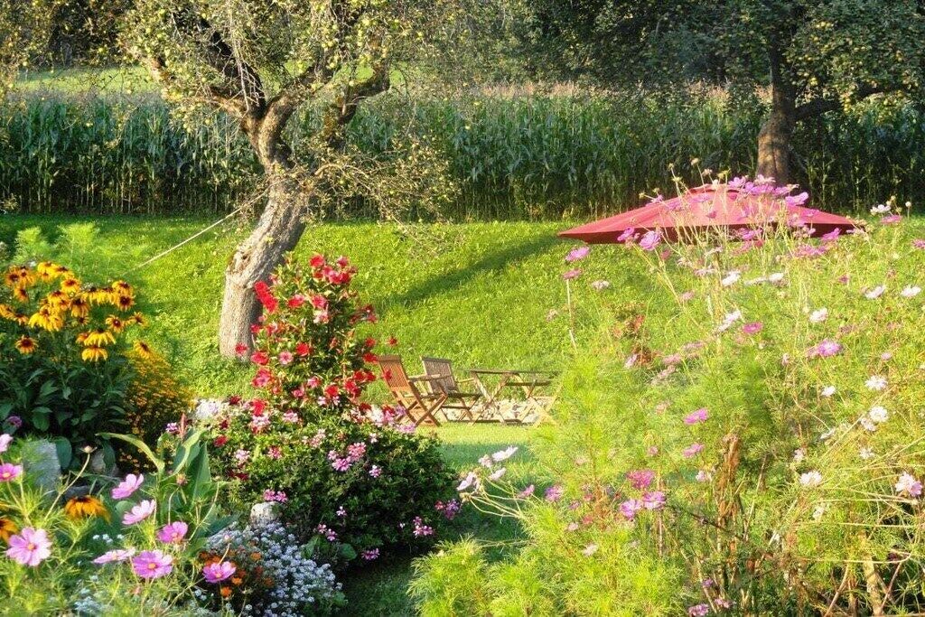 A garden with a variety of flowers, a tree, and a red umbrella.