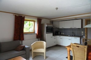 Ein gemütlicher Wohnbereich mit Küchenzeile, Sofa, Sessel und Esstisch.