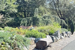 Un jardín ajardinado con diversas plantas, un sendero de piedra y un tronco grande.