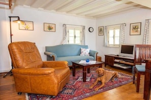 A living room with a leather armchair, a sofa, a coffee table, a television, and a dog. - Holiday home in Anger with swimming pool (Anger)