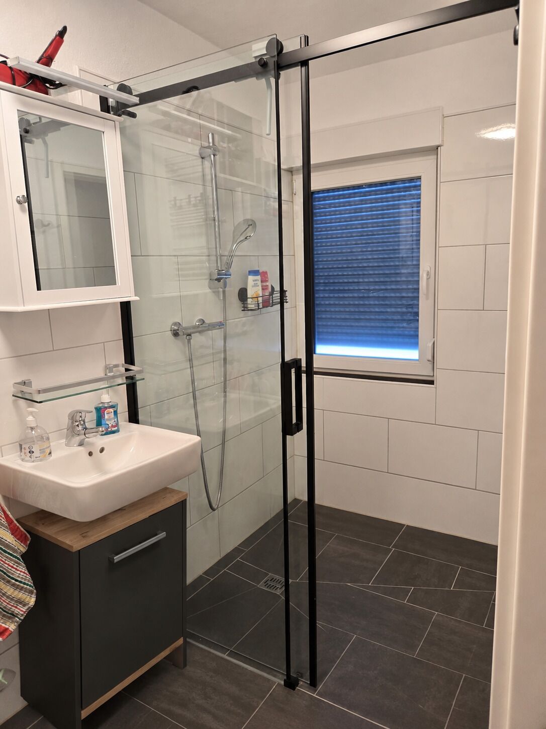 Shower, towels, toilet paper