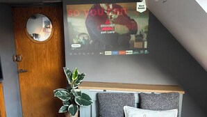 Une pièce avec une porte en bois, un miroir rond, une plante en pot, un canapé gris avec un coussin et un écran fixé au mur qui diffuse une publicité sur les soins aux animaux de compagnie.