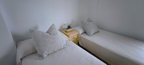 A twin room with two single beds, a bedside table with a plant, and a wall socket. - Beachfront apartment, stunning views. (Daimús)