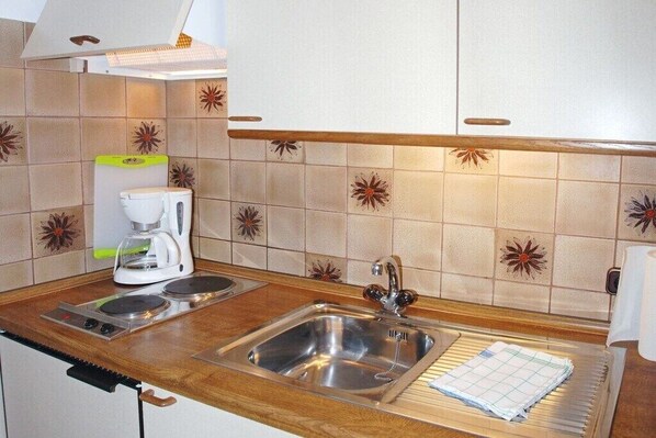 A compact kitchen with a sink, two stovetops, and a coffee maker.