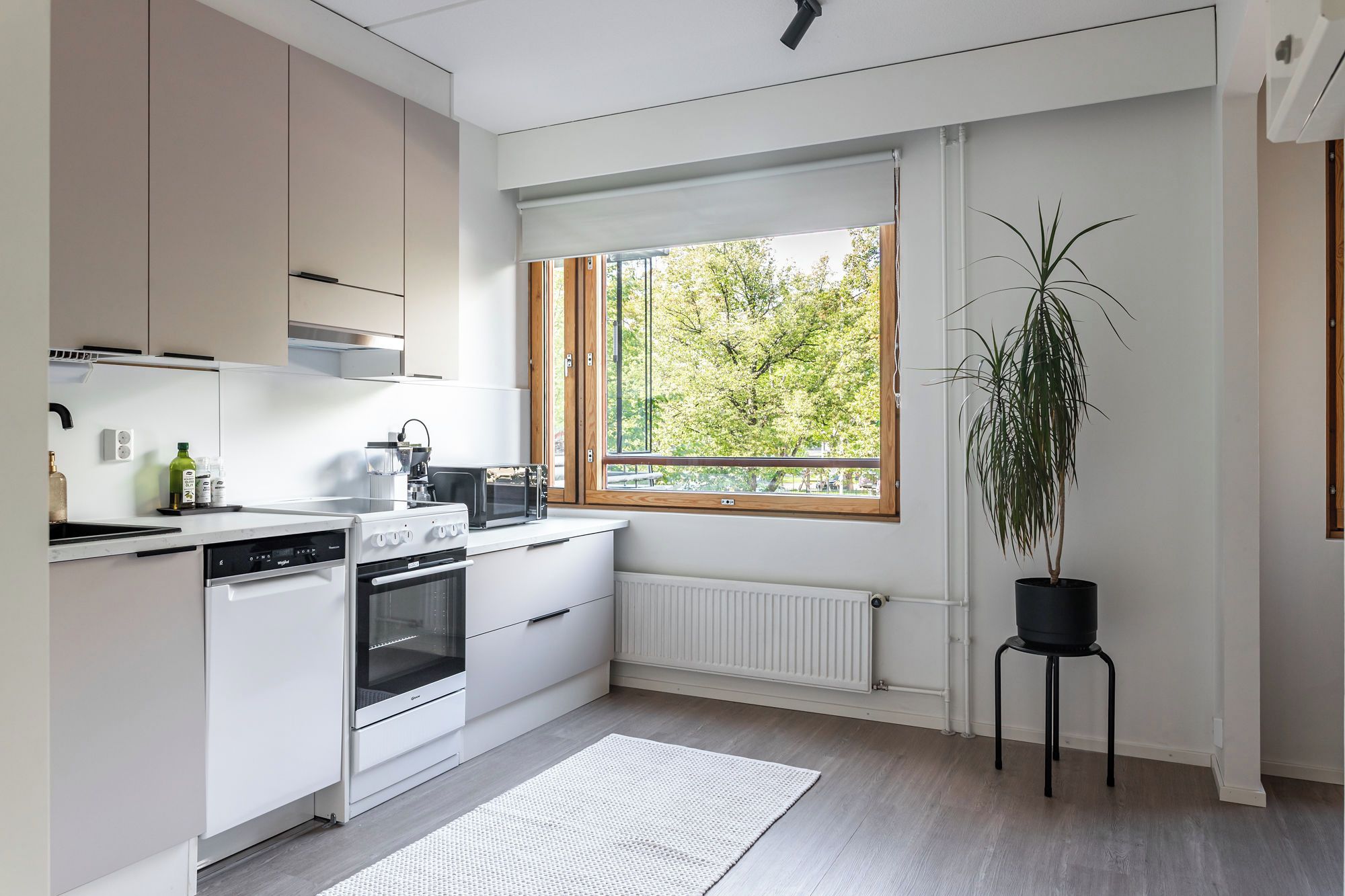 Moderni keittiö, jossa on valkoiset kaapit, sisäänrakennettu uuni ja ikkuna, josta avautuu näkymä puita kohti.