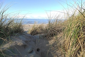 Ein sandiger Strand mit hohem Gras und Fußspuren, die zum Wasser führen.