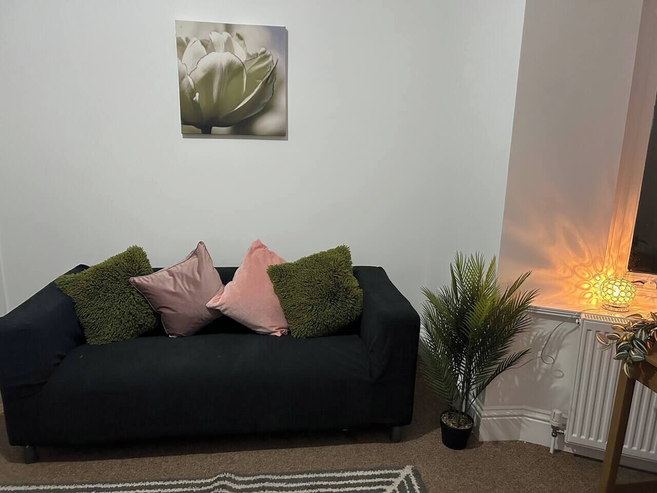 Een zwarte bank met twee groene en twee roze kussens, een ingelijst kunstwerk aan de muur, een potplant en een radiator met een lampje.