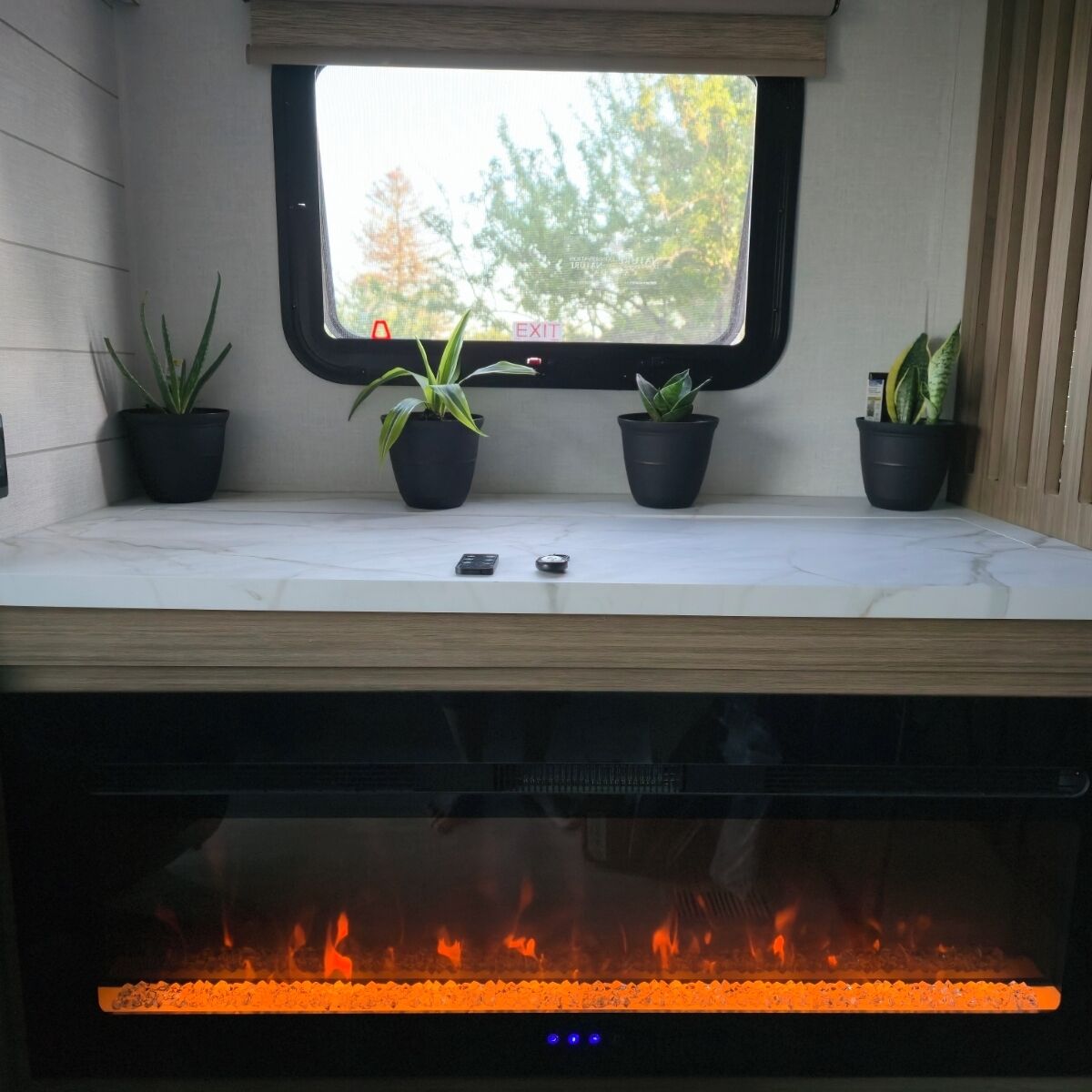 Une fenêtre donnant sur des arbres, un foyer en contrebas et trois plantes en pot disposées sur une étagère.