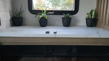 Une fenêtre donnant sur des arbres, un foyer en contrebas et trois plantes en pot disposées sur une étagère.