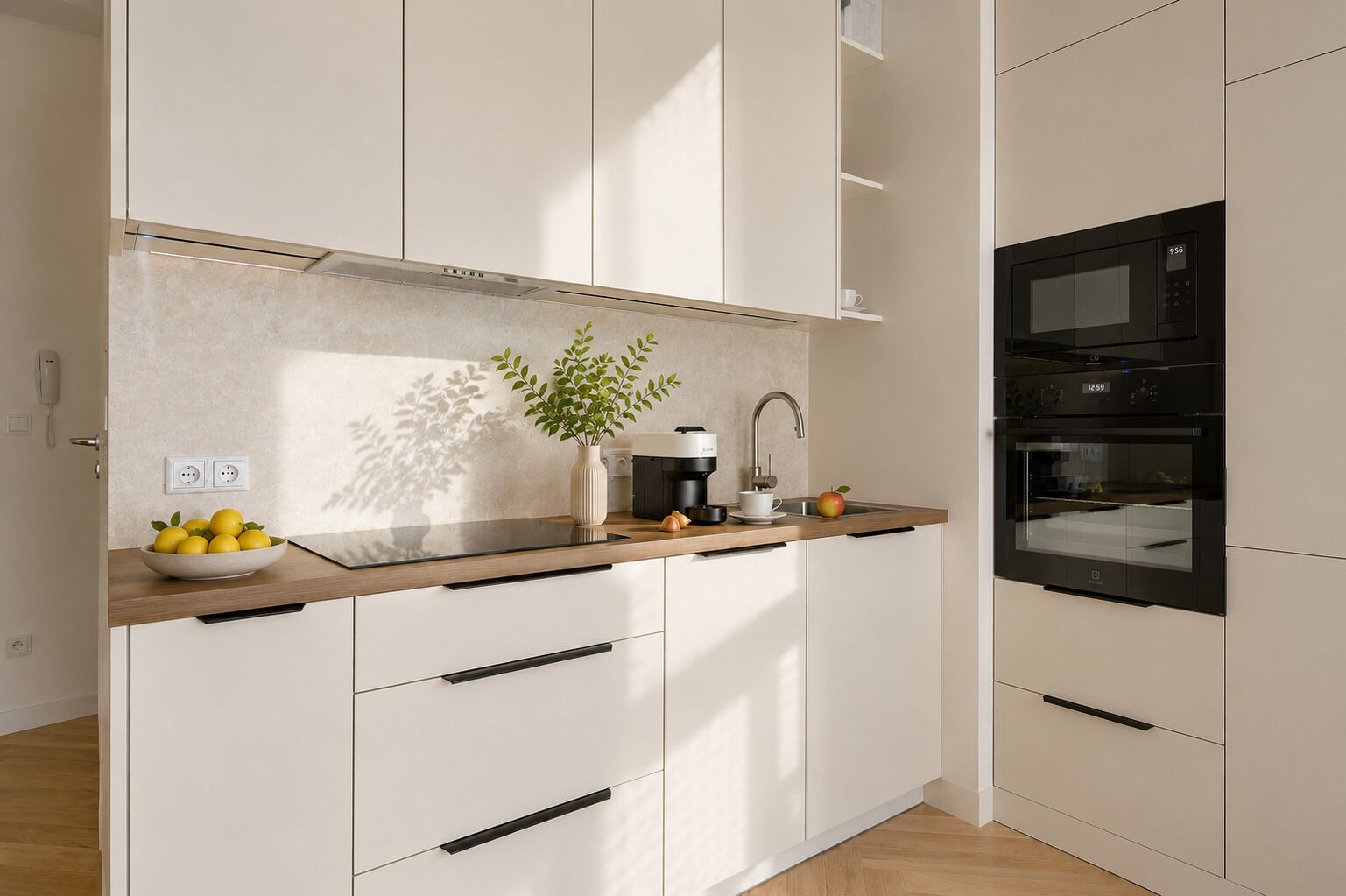 A modern kitchen with a built-in oven, a coffee maker, and a bowl of lemons on the counter.