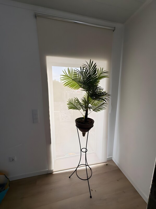 A corner room with a potted plant on a stand, a window with blinds, and a wooden floor.