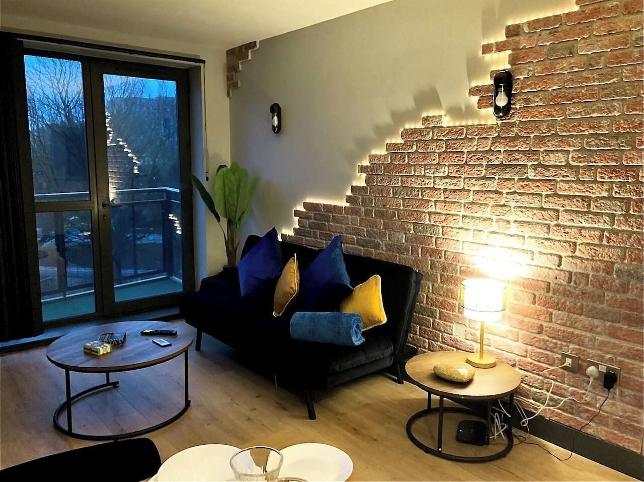 Lounge has a panoramic view of the city and features a wall with colour changing lights
