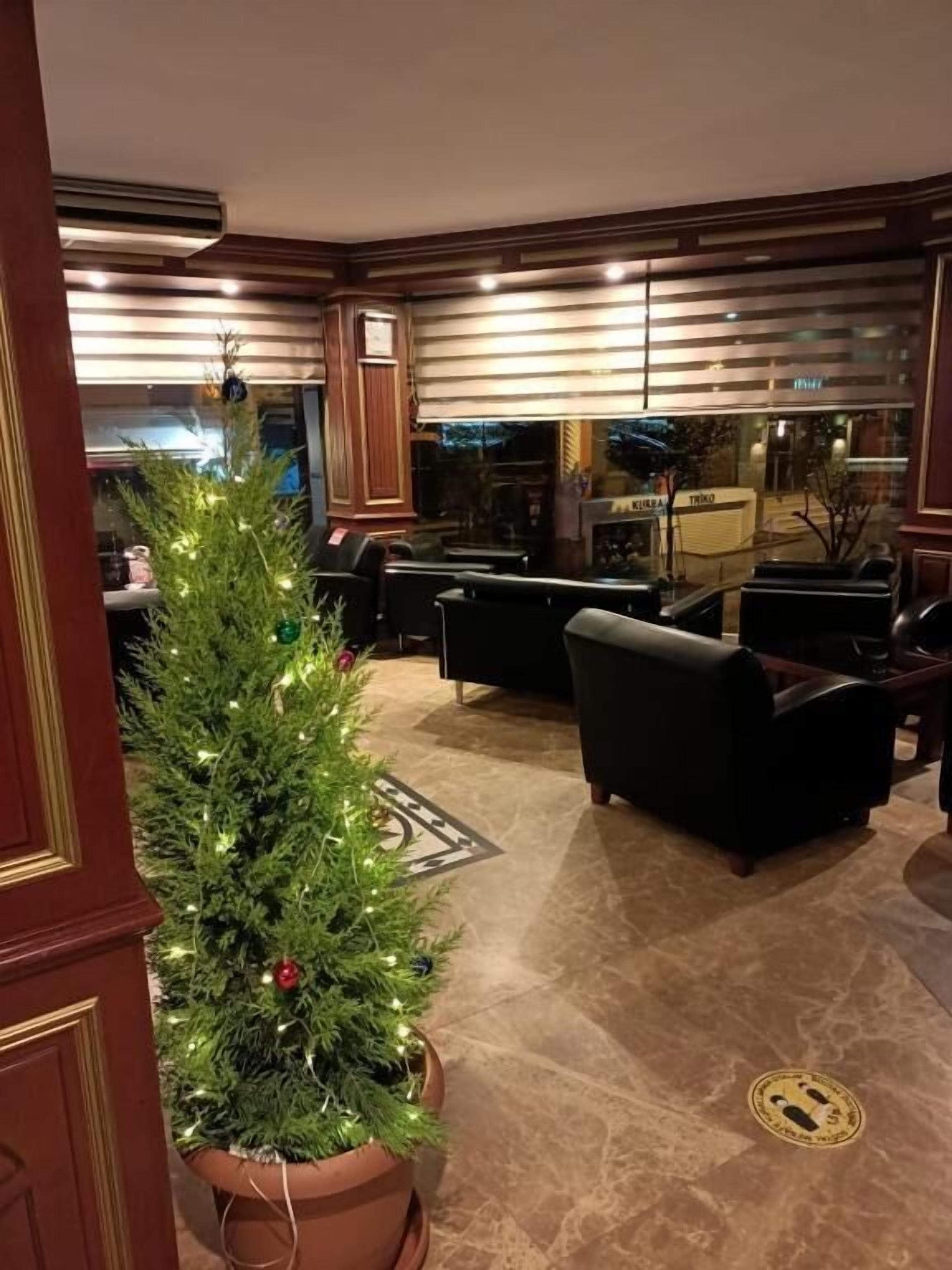 Una hall d'albergo con un albero di Natale, divani in pelle e un'ampia finestra.