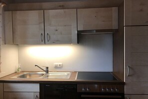 Eine Küche mit Spülmaschine, Backofen und Edelstahl-Spüle.