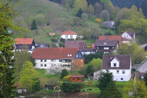 A residential area with houses surrounded by greenery and hills. - Holiday apartment with 1 bedroom (Osterode - Lerbach)