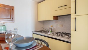 Una cocina compacta con estufa a gas, un lavamanos y un armario de madera.