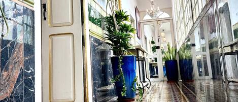 A corridor with a tiled floor, a door, and potted plants.