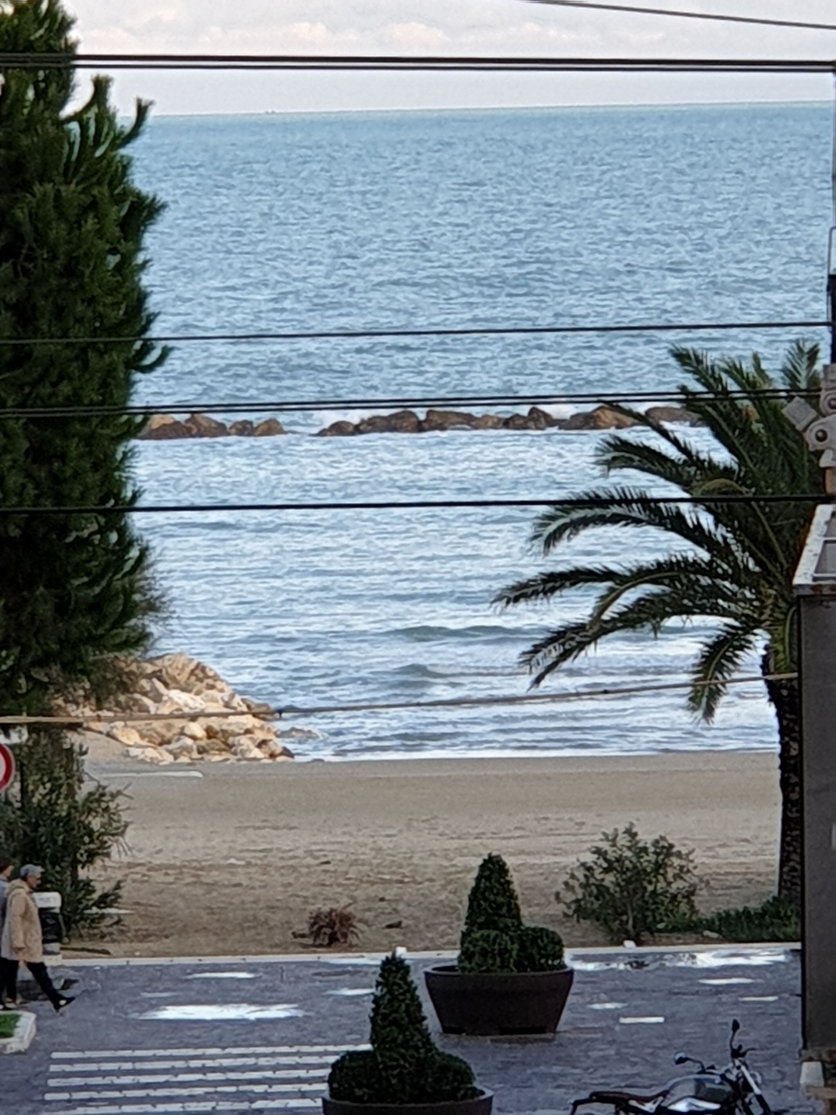 Une vue côtière avec une plage de sable, des palmiers et un promontoire rocheux au loin.