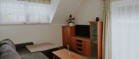 A living room with a sofa, a coffee table, a TV on a wooden cabinet, and a potted plant.